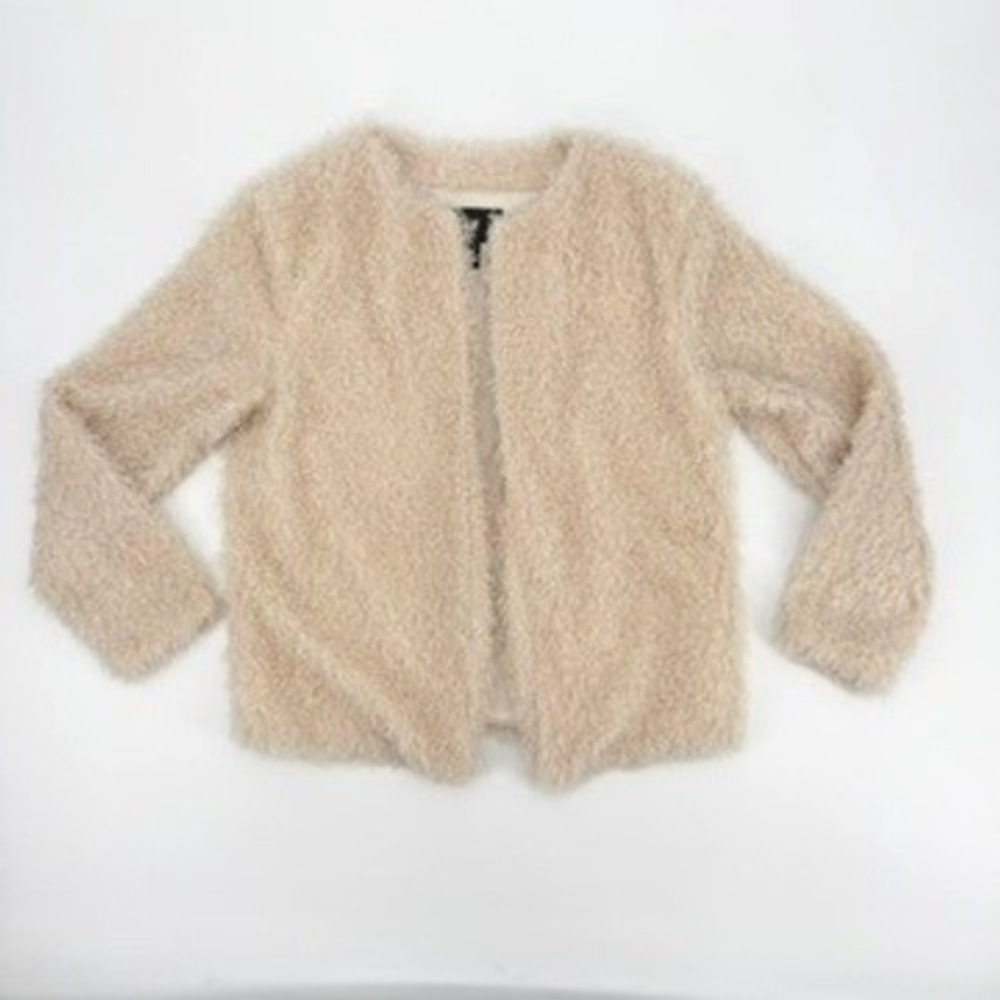 HM Womens Shaggy Faux Fur Jacket Beige Cream Open Front Lined Size 4 US 34 EU